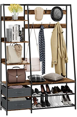 COSTWAY Grand Porte-Manteau Vestiaire 9 Crochets Doubles, 2 Tiroirs Non-tissé, 6 Étagères, 1 Banc à Chaussures, Meuble d’Entrée Style Industriel Cadre en Acier pour Bureau, Chambre, 122x40x180CM