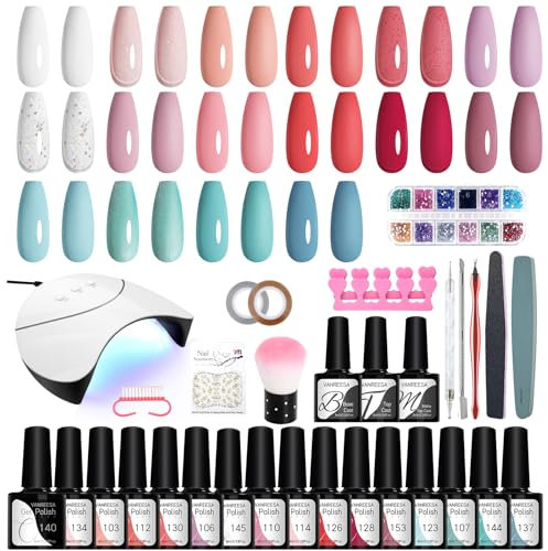 Gel Nail Polish Set VANREESA 16 Colours Gel Nail Polish Kit with U V Lamp White Red Pink Blue Gels Polishs Set with Base and Top Coat Manicure Art Salon DIY at Home Gifts for Women