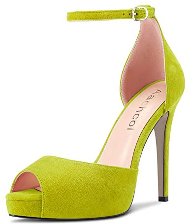 Aachcol Mujer Plataforma Sandalias Abierta Punta Correa Tobillo Aguja Alto High Heel Dress Zapatos Pumps de Boda Ante Verde Lima 12 CM 40 EU