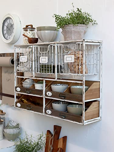 Chic Antique Vintage Wandregal mit 4 Schubladen und 3 Gitterfächern, Metall, Küchenregal, für die Küche, Antik-Weiß