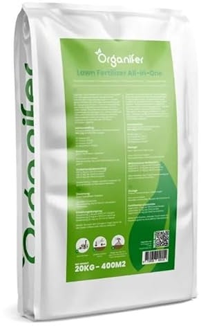 Fertilizante Para Césped Universal (20 Kg - 400 M2) - Césped Verde Oscuro Y Fuerte Sin Musgo Ni Malezas - Cuidado Del Césped - Fertilizante Para Césped - Con Cal - Mejora Del Suelo - Organifer