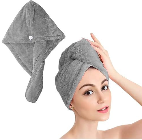 Shakeel Mikrofaser Handtuch Haare | Super Saugfähige Haarturban fur Nasses Haar, Turban Handtuch mit Knopf, Trockenhauben für Haare, Haarwickel-Handtuch mit Knopfen, Haartrockentuch Anti-Frizz, Grau