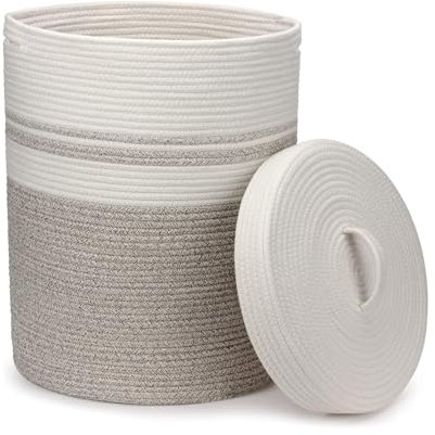 Wäschesammler mit Deckel Wäschekorb,Wschesack Waschmittel Aufbewahrung Korb Geflochten Wäschekörbe rund Aufbewahrungsbox Kinder Baumwolle(60L 37cm(D) x52cm(H), White & Brown)