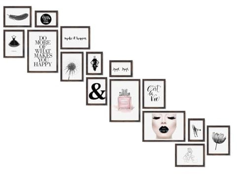 PHOTOLINI dunkel Eiche Bilderrahmen Set verschiedene Größen, 15 Bilderrahmen Treppenaufgang Holz MDF, Bilder Rahmen mit Acrylglas, Bilderrahmenset zum Aufhängen, Fotorahmen Set für Fotos & Poster