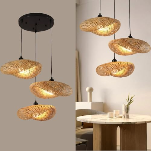 DHGIE Suspension Luminaire Bambou Industriel - Plafonnier en Osier Naturel Vintage avec Culot Noir E27*3 - Abat-Jour en Rotin pour Salle À Manger, Cuisine, Salon