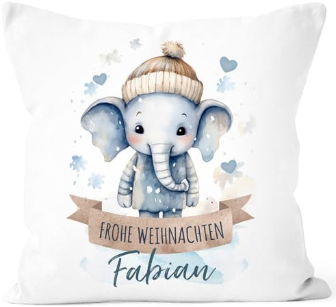 SpecialMe® Kissen-Bezug Weihnachten Tier-Motive personalisiert mit Namen Namenskissen Geschenk für Jungen und Mädchen Baby Elefant weiß Standard