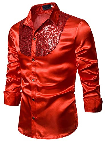 pxjsdwe Glitzerhemd Herren Gold Techno 80er 90er Jahre Outfit Herren Disco Silvester Glitzer Hemd Glitzer Anzug Glitzerhemd Glitzer Oberteil Party Fasching Faschingskostüme Partnerkostüme