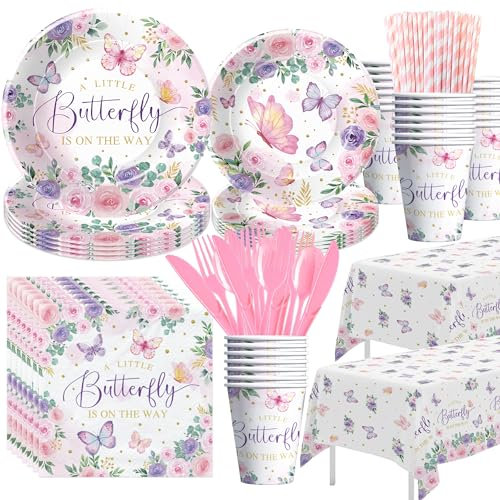 HIPVVILD Butterfly Baby Shower Decorations - A Little Butterfly Is On The Way Baby Girl Party Supplies, Plate, Cup, Napkin, Tablecloth, Pink Floral Butterfly Decorations Party Tableware | Serve 24