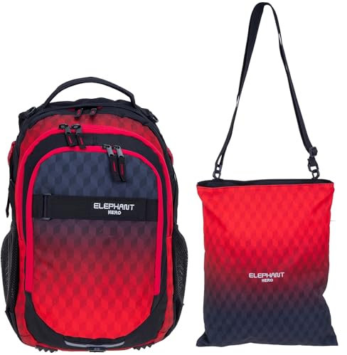 Elephant 2 Teile Set Schulrucksack HERO SIGNATURE Rucksack + Turnbeutel ATTACH BAG (Red Cube 12868)