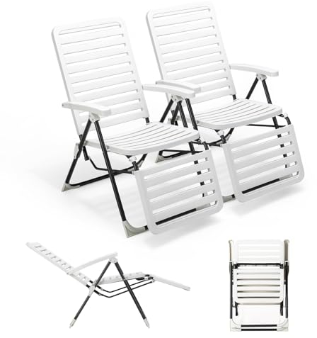 KOMFOTTEU Silla Reclinable Jardín Exterior, Tumbona Plegable con Respaldo Ajustable en 7 Posiciones, Asiento de Material de PP con Marco de Metal, Carga 150 kg, para Patio, Terreza, Piscina (2 piezas)