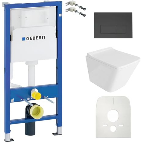 Lavita Duofix Basic Vorwandelement + Wand Tiefspül WC Lago Weiß Spülrandlos + WC Sitz + Bedienplatte Delta 25 Schwarzer Knopf Komplettset Unterputz Spülkasten Toilette Komplett Sett WC