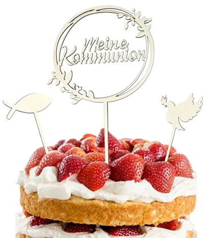3 Stück Cake Topper Kommunion Holz, Meine Kommunion Torten Topper, Personalisiert Tortendeko Taube Fisch, Konfirmation Erstkommunion Deko, für Taufe Junge Mädchen, 2 Sets