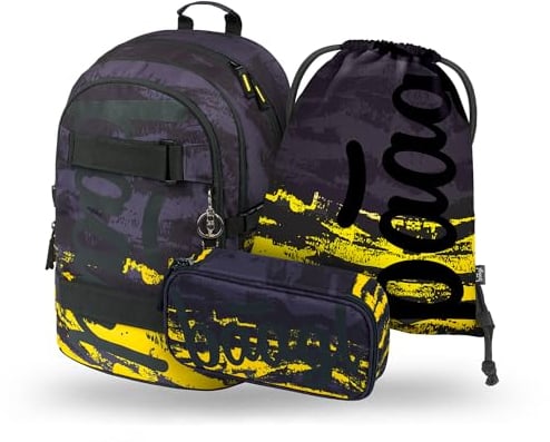Baagl Schulrucksack Set Jungen 3 Teilig, Schultasche ab 3. Klasse, Grundschule Ranzen mit Brustgurt, Ergonomischer Schulranzen (Dune)