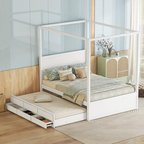 TOTITOM 140 x 200 Himmelbett, Pritsche mit ausziehbarem Einzelbett und DREI Ablagefächern, Weiß (White)