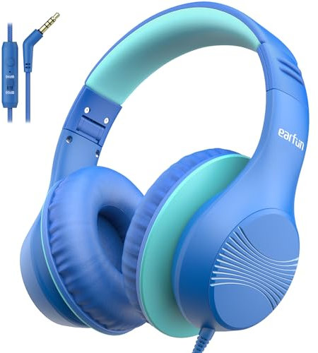 EarFun Kinder Kopfhörer, Over-Ear Kopfhörer für Kinder mit Kabel, 85/94dB Lautstärkenbegrenzer, Faltbar, Einstellbar, Hi-Fi Klang, HD-Mikrofon, Komfortables Tragen, Kinderkopfhörer für Schule/Tablet