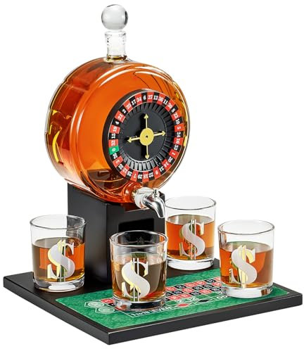 Kollea Roulette Whiskey Decanter Set, 60.9 Oz Casino-Style Slot Decanter with 4 Dollar Glasses, Cool Birthday Gifts for Men Dad, Him, Liquor Dispenser for Anniversary, Bar, Poker Game Night, Men Cave