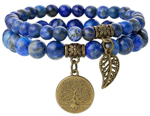 Farfume Chakra Armbänder für Frauen - Kristalle Armband Frauen Natürliche Edelsteine Yoga Reiki - Ein Satz von Doppel-Armbänder(Lapislazuli & Lebensbaum(Mittel)