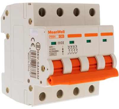 MeanWell Interruttore Magnetotermico Trifase 380V, Curva C 10000A, MCB 4P C32 32A, 4 Poli Occupa 4 Moduli Barra DIN