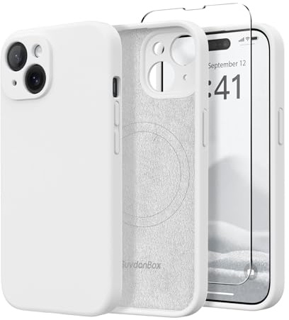 SuydanBox Magnetische Schutzhülle für iPhone 15, kompatibel mit MagSafe, [Displayschutzfolie + vollständiger Kameraschutz], stoßfeste, Kratzfeste Silikon-Schutzhülle für iPhone 15 6,1 Zoll, Weiß