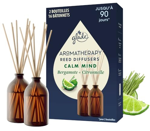 Glade Aromatherapy Bâtonnets - Diffuseur De Parfum Infusées Aux Huiles Essentielles - Calm Mind, Bergamote & Citronelle - 2 Diffuseurs de 80ml