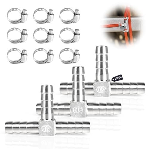 SUPAWAY T de lengüeta para manguera, Conector de púas en T, Conexión en forma de T de 3 vías SUS 304 con abrazaderas, Manguera de púas en T para aire, agua, combustible y gas (10 mm, Set de 3)
