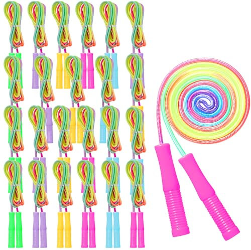 24 Pack Skipping Rope Bulk 2.2m Adjustable Rainbow Jump Rope Colourful Durable Nylon Skipping Rope with Ergonomic Plastic Handles for Schools Outdoor Exercise Training Party Game