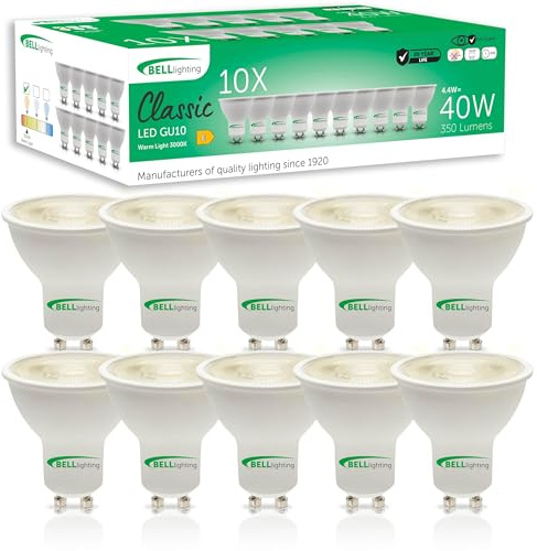 BELL Lighting GU10 Energy Saving LED Spot Bulbs 4.4W 350lm 3000K 10 Pack | Energy saving GU10 LED spotlight bulbs with 3000K warm white light, 350lm output and 38 degree beam for downlights.