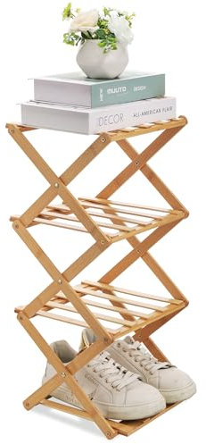 Fentar Schuhregal Schmal, 4 Ebenen Schuhregal Bambus Schuh Organizer, Kleines Schuhregal Schmal, Faltbar Bambusregal, Mini Schuhregal, Schuh Regal Platzsparend Faltbar für Eingang Schlafzimmer Ecke