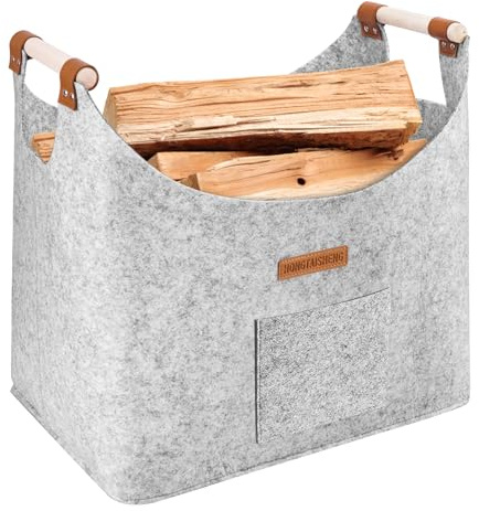 XL Brennholzkorb Faltbar für Kaminholz, 3 mm, 14kg, Nebliges Grau | XL Fassungsvermögen, Außentasche & stabile Holzgriffe, bodenschonender rPET-Filz, platzsparend faltbar, für Kaminholz