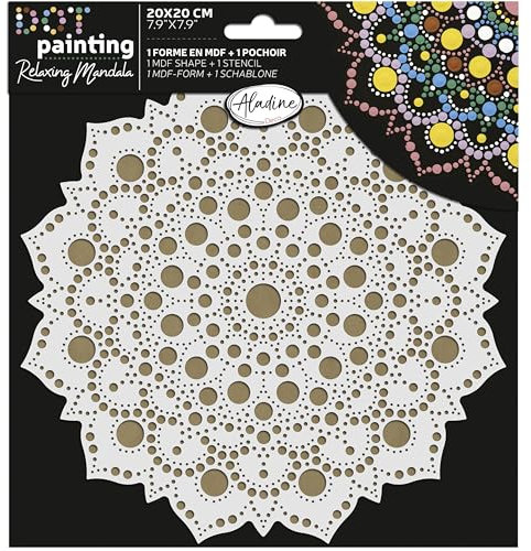 Aladine - Kit Pochoir & Support Mandala 20 cm - Pour Créer Mandalas en Dot Painting - Peinture sur Galet, Bois, Tissus, Toiles - Dotting Peinture Points - Loisirs Créatifs - 85503