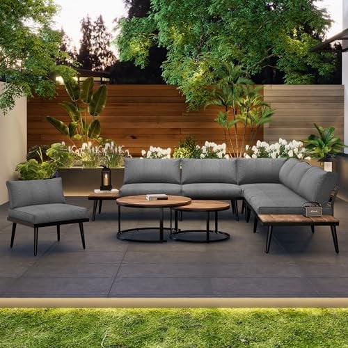 Jtyca Balkon Möbel Set für 5-6 Personen, Gartenmöbel Set mit Verzinkter Eisenrahmen, 6-Teiliges, 2 Doppelsofa, 2 Einzelsofa, 2 Tisch, Inklusive Aller Sitz und Rückenkissen (Grau)