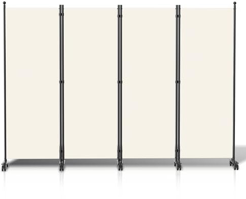 Jopassy 4-TLG 228x181x30 cm Paravent mit Rollen und Bremsen, Faltbarer Raumteiler, Mobiler Sichtschutz, Beige, Ideal für Wohnzimmer, Schlafzimmer, Balkon