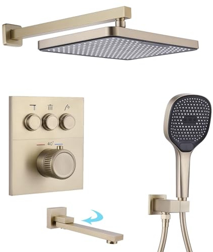 HKTHE Duschsystem mit Thermostat, HSS0465 Modern Duschset Unterputz, 30x20cm Regen Klaviertasten Duschamaturenset Regendusche Wandmontage, mit Handbrause, Faltbarer Badewannenhahn, 59A Kupfer