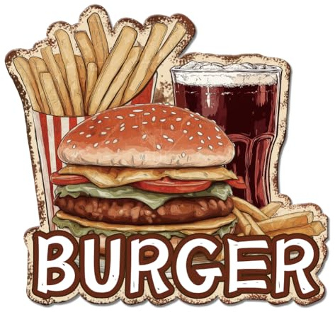 SUPERDANT Blechschild Für Fast Food Blechschilder Retro Burger Pommes Cola Blechschilder Vintage Schild Hamburger Wandkunst Dekor Business Metallschilder Für Zuhause Küche Restaurants Bar Männerhöhle