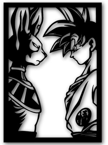Goku und Bills 3D-Bild, Dragon Ball, Wandkunst aus schwarzem Holz, präziser Laserschnitt, dekoratives Wandbild, 3 Größen