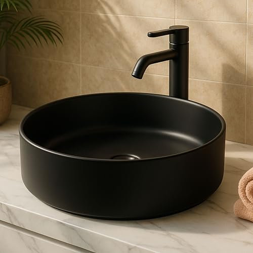 Norbe | TEIDE | Lavabo 40 cm diam. in Ceramica tondo | Lavandino Bagno Forma Rotonda diametro 40 cm x 40 cm (Nero)