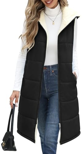 Yuson Girl Weste Damen Lang mit Kapuze Ärmellose Warme Steppweste Herbst Winter Fleecejacke Longweste Leichte Damen-westen mit Reißverschlüsse Outdoor Winterjacke Vest mit Tasche(Schwarz, XL)