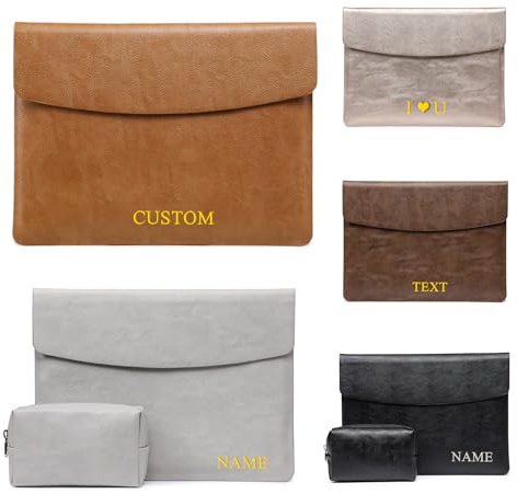 Laptop-Hülle für MacBook Pro Air, personalisierter Namentext, Leder, Notebook-Hülle für iPad MacBook Mac 13, 14, 15, 16, 11, 12 Zoll, M4, M3, M2, M1 Max, graviert, minimalistisch, mit Zubehörtasche