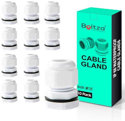 Boltza White Nylon Cable Gland, IP68, 10 Pack (M18) | Waterproof Cable Connector, Electrical Enclosures, Junction Boxes, Outdoor Use, Conduit Gland