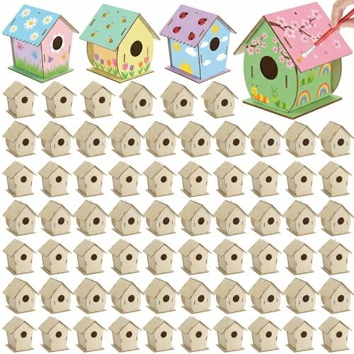 DoubleFill Lot de 60 maisons à oiseaux en bois brut pour enfants - Kits de projets d'artisanat en bois pour loisirs créatifs en bois pour filles, garçons, tout-petits