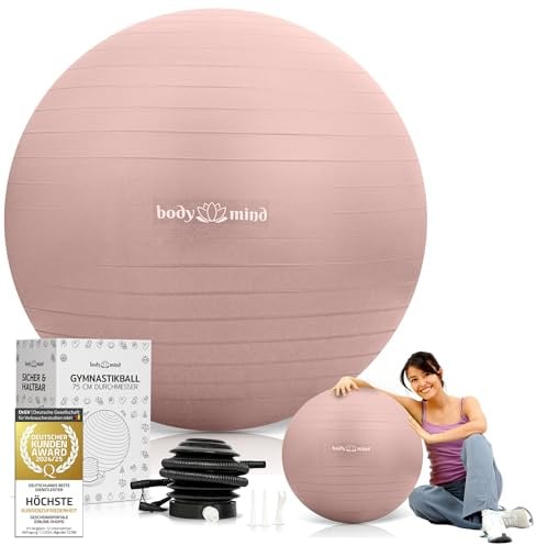 Body & Mind Gymnastikball inkl. Luftpumpe - Anti-Burst Pilates Ball, Pezziball für Schwangerschaft Ergonomischer Sitz als Büro-Stuhl, Sitzball für Yoga, Gymnastik & Workout (Rose, 65 cm)