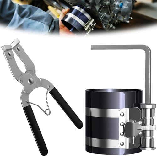 Kolbenringspannband 53-175mm, Edelstahl Kolbenspannband 75mm Set | Mit Kolbenringzange, Einstellbare Ratsche Kolbenring Kompressor, Professionelles Installationswerkzeug für Kfz Motor Re-