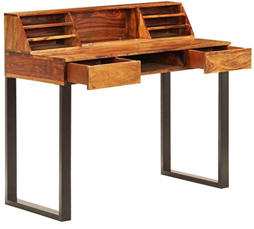 faucqel Schreibtisch Massivholz Akazie und Stahl 110 x 50 x 94 cm mit 2 Schubladen, Bücherregalen und Tastaturablage, vielseitiger Bürotisch und Gaming Tisch für Computer und Office