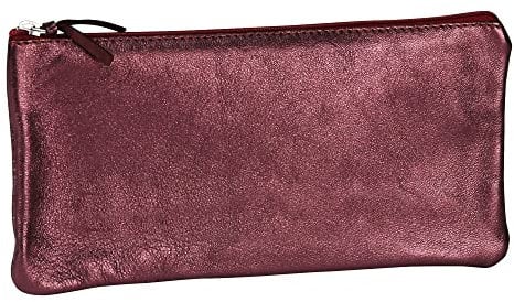 Clairefontaine 8702C - Trousse Scolaire Plate Cerise Effet irisé 22x11 cm en Véritable Cuir d'Agneau - Fourniture Scolaire - Trousse Crayons de Couleurs - Etui à Crayons - Porte-Plume