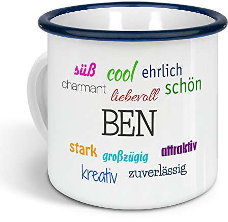 printplanet - Emaille-Tasse mit Namen Ben - Metallbecher mit Design Positive Eigenschaften - Nostalgie-Becher, Camping-Tasse, Blechtasse, Farbe Blau, 300ml