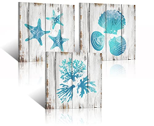 VVOVV Wall Decor Strand-Badezimmer-Dekoration, blaugrün, Koralle, Seestern, Muschel, Bild, nautisches Badezimmer, Dekoration, gerahmte Leinwand, Kunstdrucke, 30,5 x 30,5 x 3 Paneele