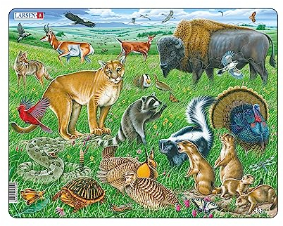 Larsen Puzzle Great American Prairie Wildlife, Ages 6+, Nature Jigsaw, Educational Animal Puzzle, Figure Pieces, Tray & Frame, 53 pcs, Learn About Ecosystem