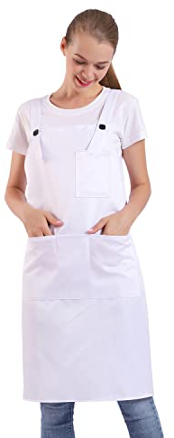 BIGHAS H-Stil Schürze mit Tasche für Damen und Herren, verstellbar, große Größe, bequem, Küche, Zuhause, Kochen, 12 Farben (White)