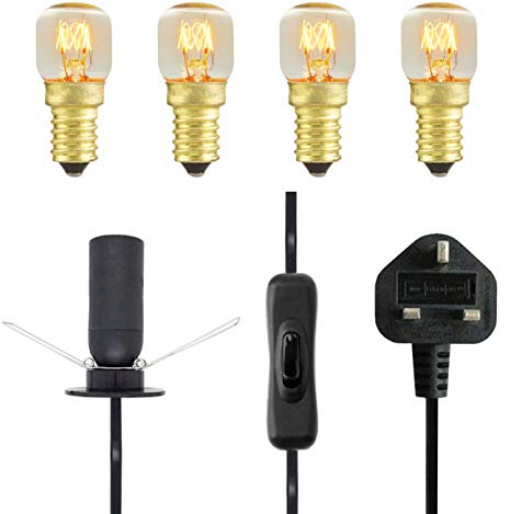 Salt Lamp Replacement Light Fitting with Button + 4 Units of 15 Watt E14 Incandescent Oven Bulb. Black Power Cord Cable Comes with Certified E14 Bulb Holder, Button and British Standard Plug