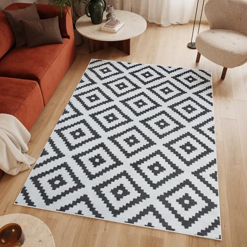 TAPISO Luxury Teppich Kurzflor Weiß Grau Modern Design Geometrisch Marokkanisch Gitter Karo Muster Schlafzimmer Wohnzimmer ÖKOTEX 140 x 200 cm